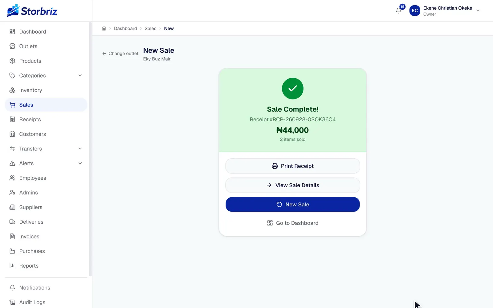The Storbriz sale confirmation with the receipt preview for RCP-260928-M82TWGGJ: customer and merchant copy tabs, two items, ₦44,000 paid in cash