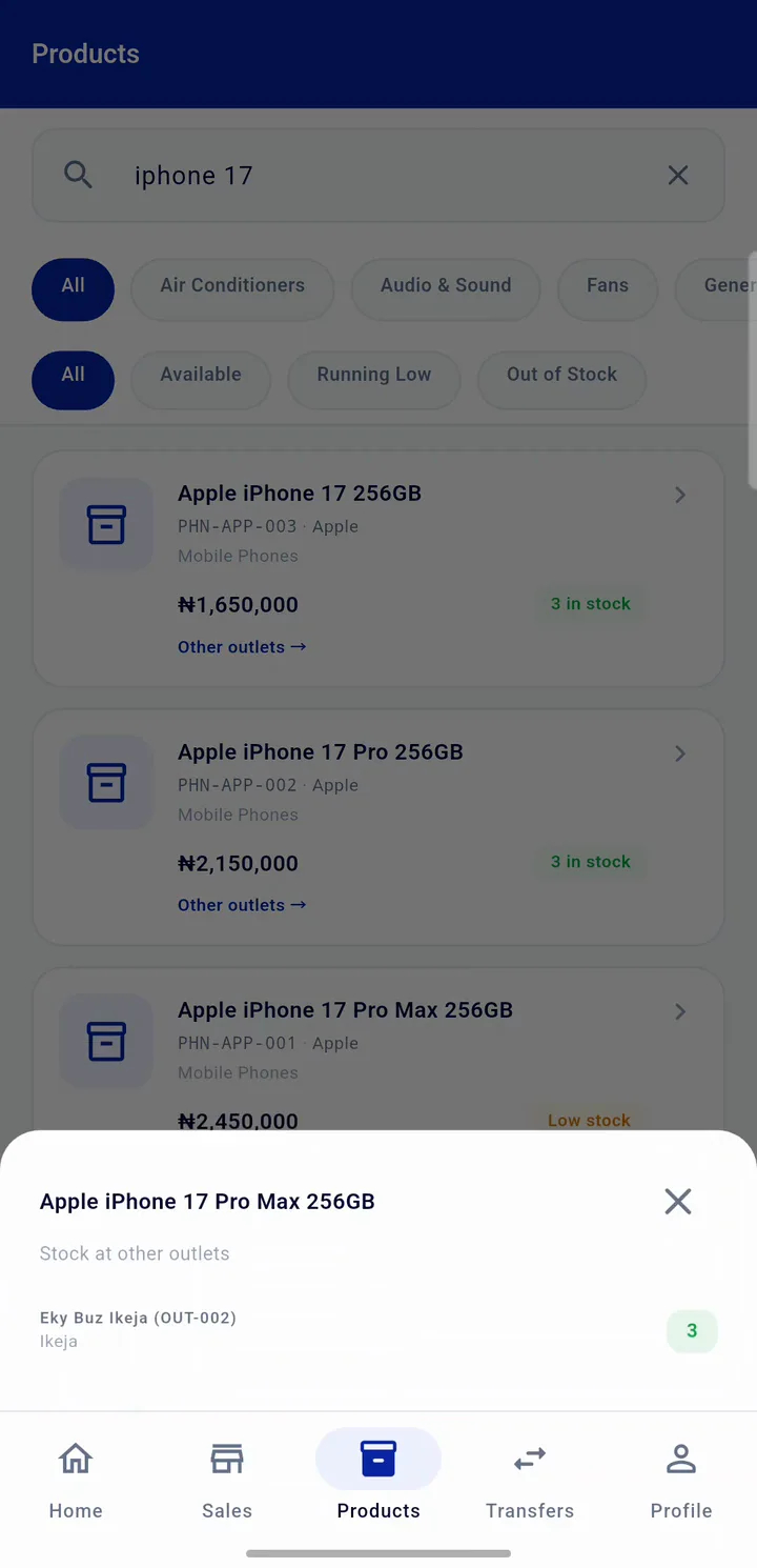 Storbriz mobile app product search for iPhone 17, with the stock at other outlets panel open for Apple iPhone 17 Pro Max 256GB showing 3 units at Eky Buz Ikeja
