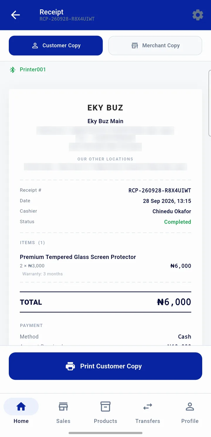 Storbriz mobile app receipt screen for RCP-260928-R8X4UIWT: two screen protectors, ₦6,000, cash, with Customer Copy and Merchant Copy tabs and a Print Customer Copy button