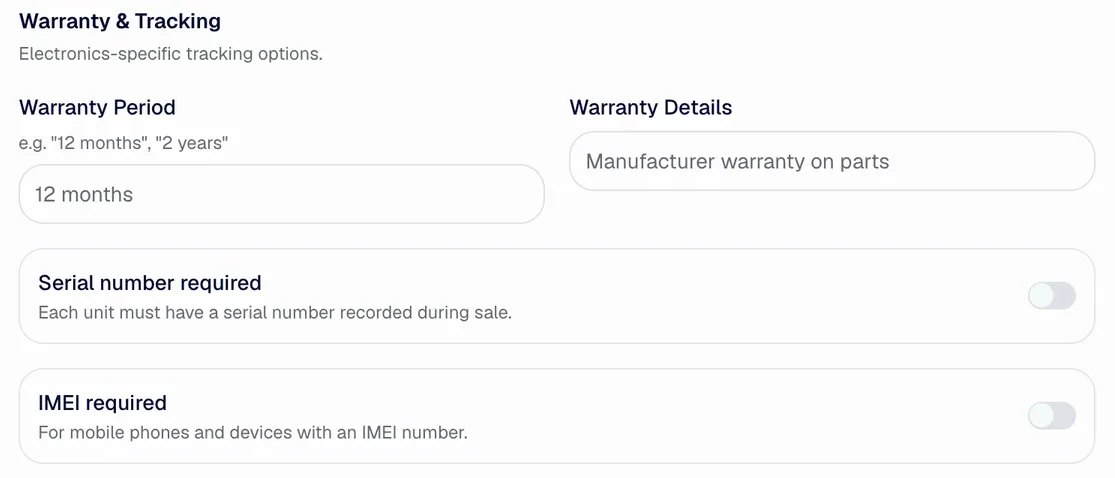 The Warranty and Tracking panel of the Storbriz product form: warranty period 12 months, warranty details reading Manufacturer warranty on parts, and switches for Serial number required and IMEI required