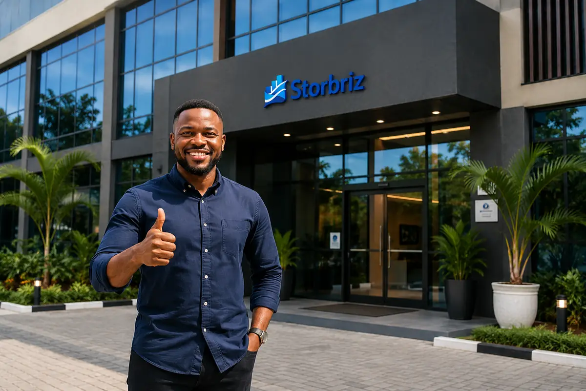 A Storbriz customer giving a thumbs up outside a Storbriz-branded office