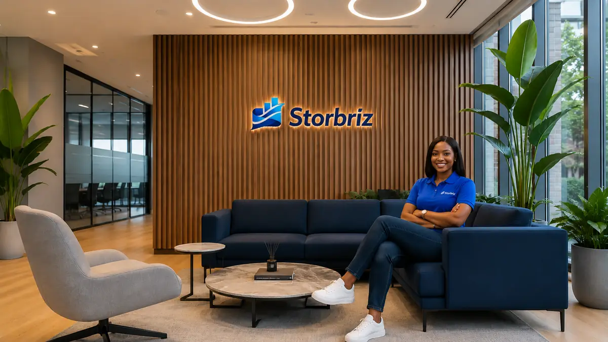 A Storbriz team member seated in the company's branded reception lounge