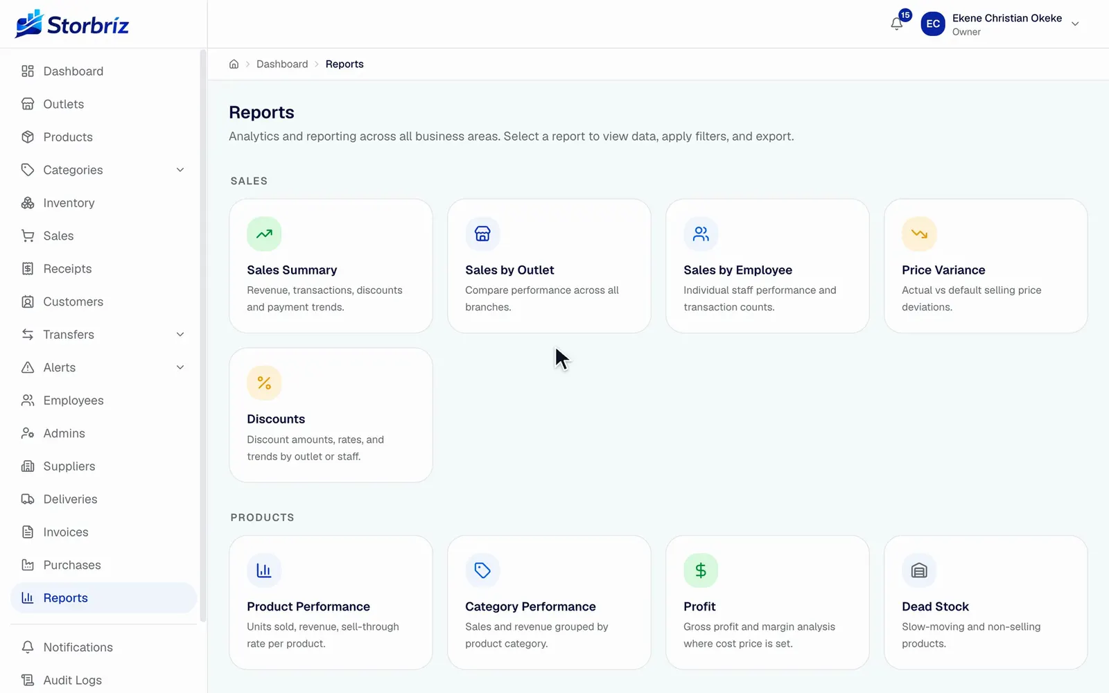 Filter a sales report by outlet: the first screen of the recording.
