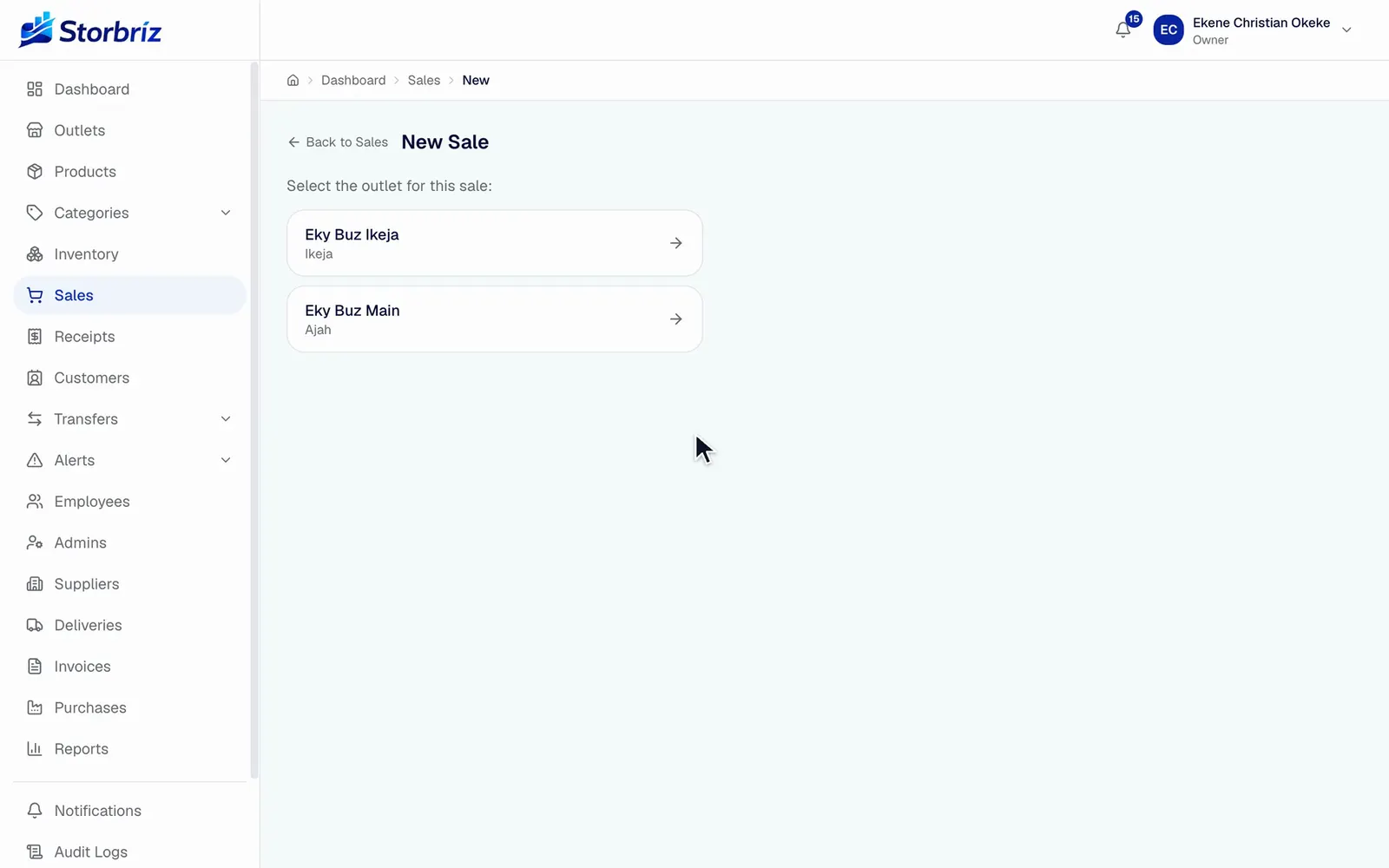Screen recording of the Storbriz web app: record a sale at the counter